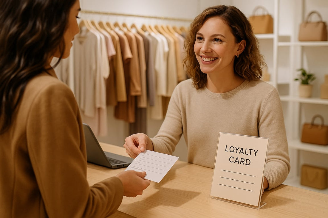 A boutique owner explaining the benefits of a loyalty card program to a customer at the checkout counter.