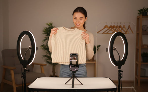 Seller hosting a live video auction showing folded clothing items to online viewers