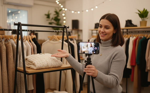 Boutique owner streaming a live shopping event to showcase folded sweaters to online viewers