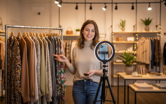 Boutique owner filming a live shopping stream beside a clothing rack with phone and ring light
