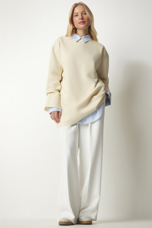 Happiness İstanbul Women's Latte Ribbed Oversize Knitted Sweatshirt Women