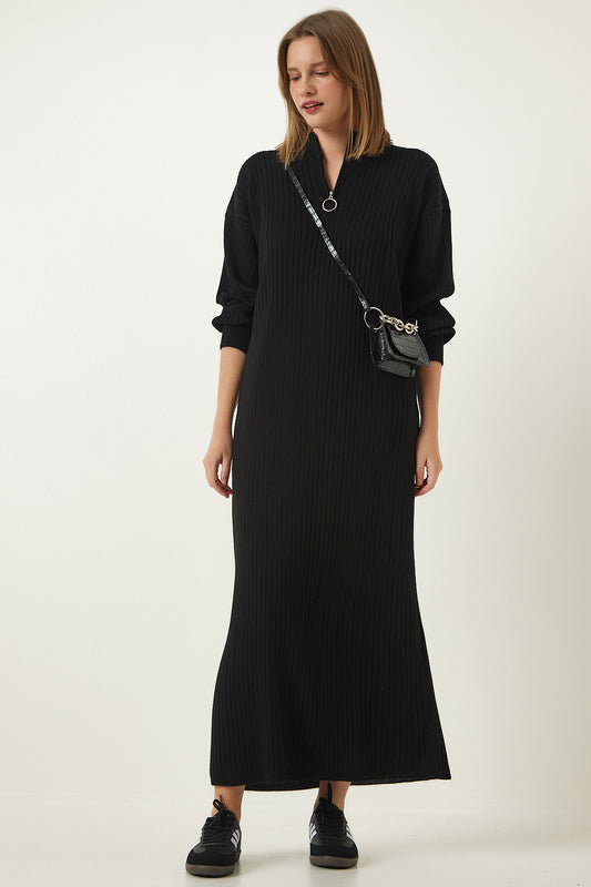 Happiness İstanbul Women's Black Zippered Collar Ribbed Long Knitwear Dress Women