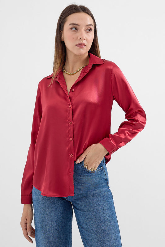Bigdart Lightly Flowing Satin Shirt Light Burgundy Dark Burgundy Women