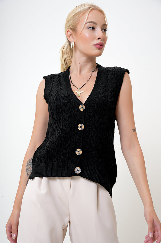 VAGGON Black V-Neck Buttoned Cardigan Women