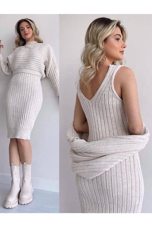 GİYSİ DÜNYASI Knitwear Fabric Dress Sweater Set of 2 Stone Women