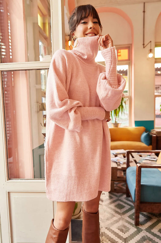 Olalook Women's Powder Turtleneck Balloon Sleeve Loose Knitwear Dress Women