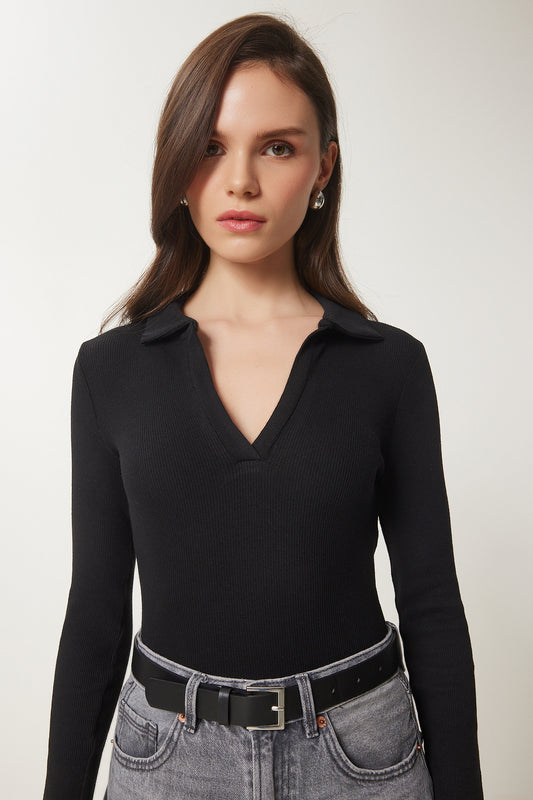Happiness İstanbul Women's Black Polo Neck Ribbed Knitted Blouse Women