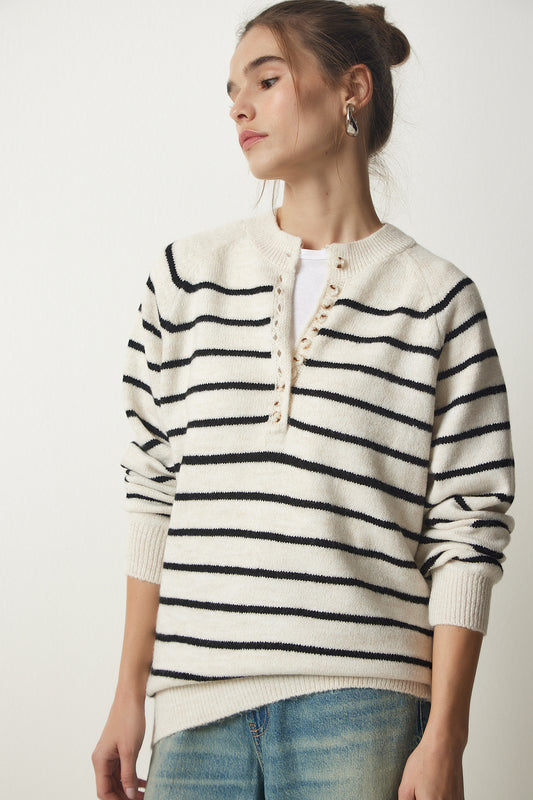 Happiness İstanbul Women's Bone Black Buttoned Lapel Striped Knit Sweater Women