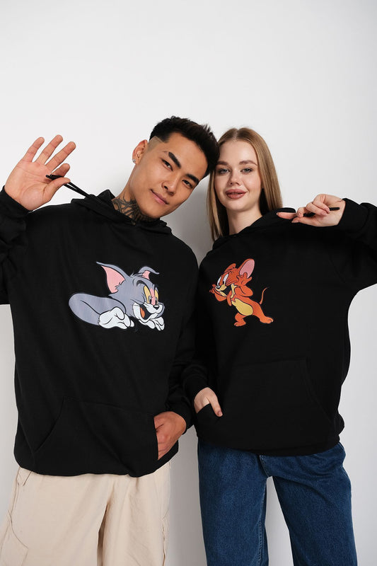Know Black Unisex Couple Tom And Jerry Printed Oversize Hooded Sweatshirt Hoodie Unisex
