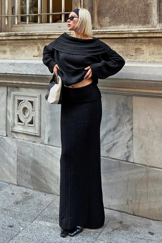 Swist Madonna Collar Black Knitwear Sweater and Skirt Set - Women Women