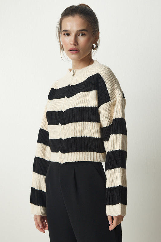 Happiness İstanbul Women's Cream Black Zippered Striped Knit Cardigan Women