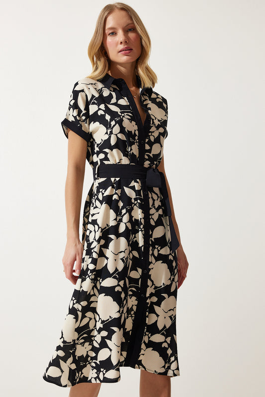 Happiness İstanbul Black Cream Floral Pattern Thin Viscose Summer Dress Women