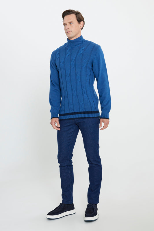 AC&Co - Altınyıldız Classics Aviator Blue Standard Fit Regular Cut Full Turtleneck Jacquard Knitwear Sweater Men
