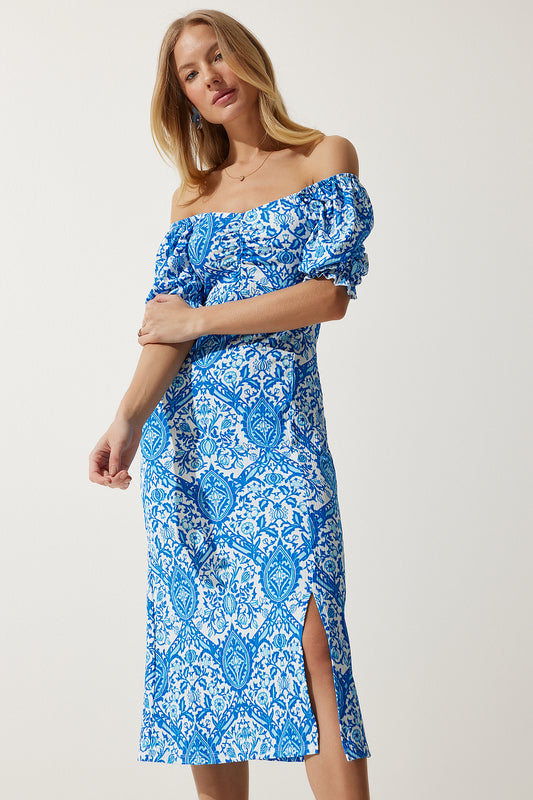 Happiness İstanbul Blue and White Carmen Collar Elastic Summer Women's Dress Blue White Women