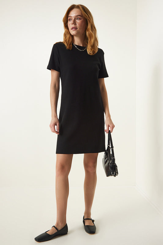 Happiness İstanbul Women's Black Crew Neck Casual Combed Cotton Dress Women