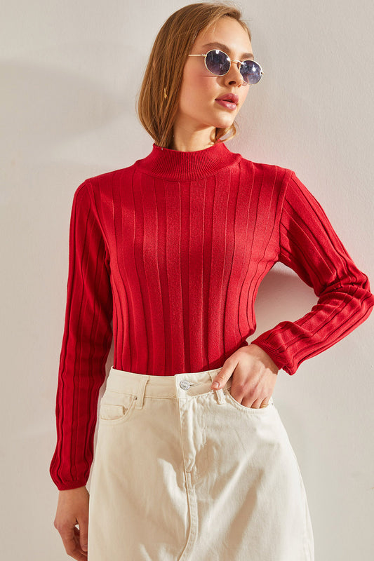 Bianco Lucci Women's Turtleneck Ribbed Knitwear Sweater Red Women