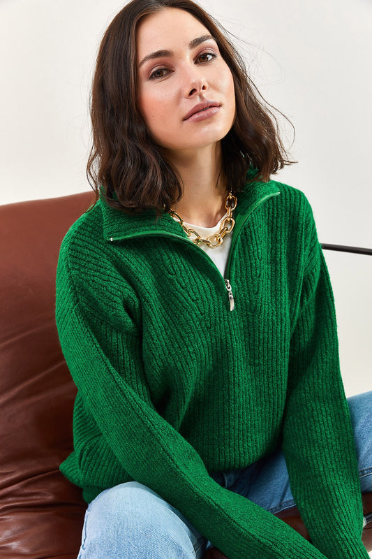 Bianco Lucci Women's Zippered Turtleneck Oversize Knitwear Sweater Green Women