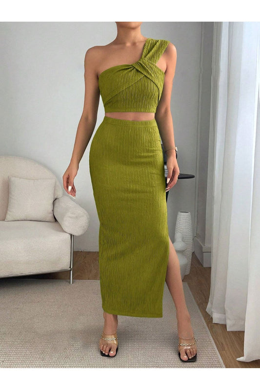 Know Green Single Shoulder Twisted Crop and High Waist Ribbed Slit Skirt Set Women
