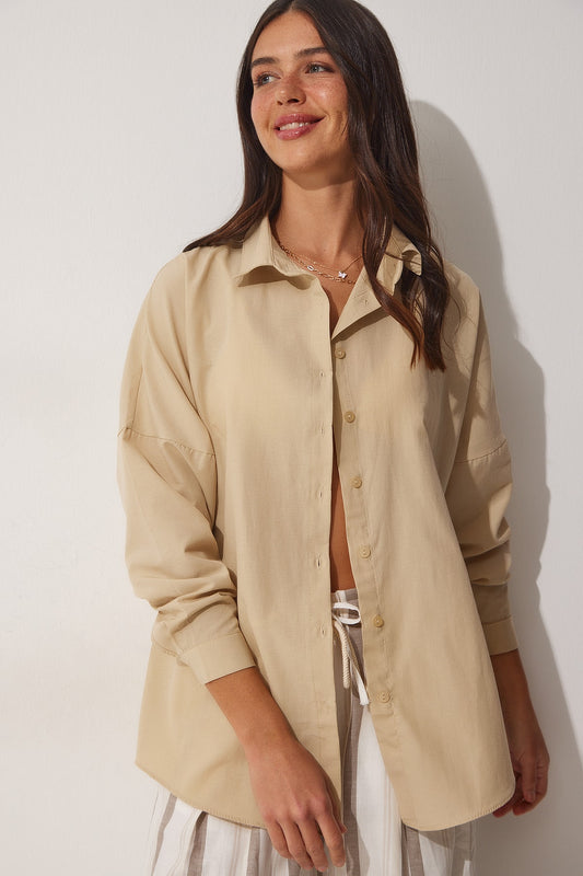 Happiness İstanbul Women's Dark Cream Oversize Long Basic Shirt Women