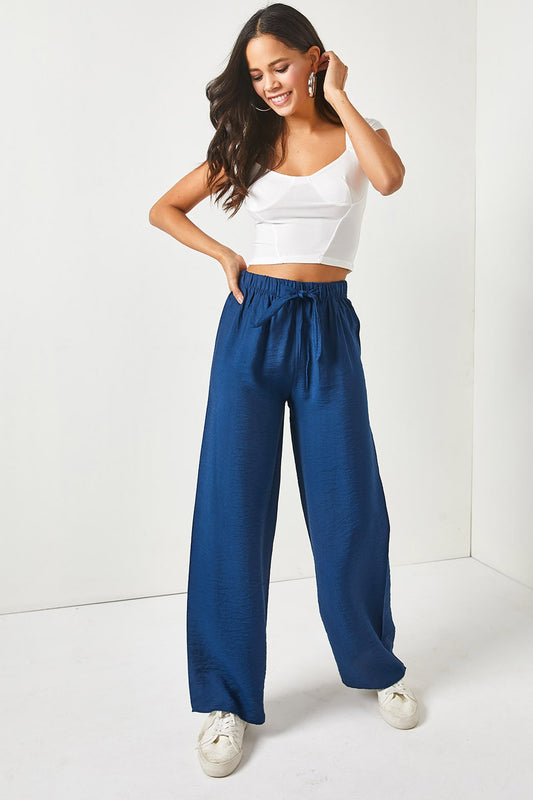 Olalook Women's Navy Blue Belted Elastic Waist Palazzo Ayrobin Trousers Women