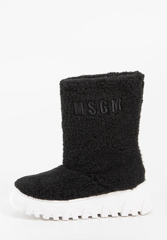 Msgm TONE ON TONE SIDE EMBROIDERED LOGO FAUX LAMB FUR BOOTS black (ZZO2Q3L10-Q00) Kids