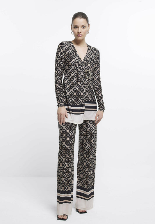 River Island print long sleeve wrap blouse Brown (RI921E0ZT-O11) Women