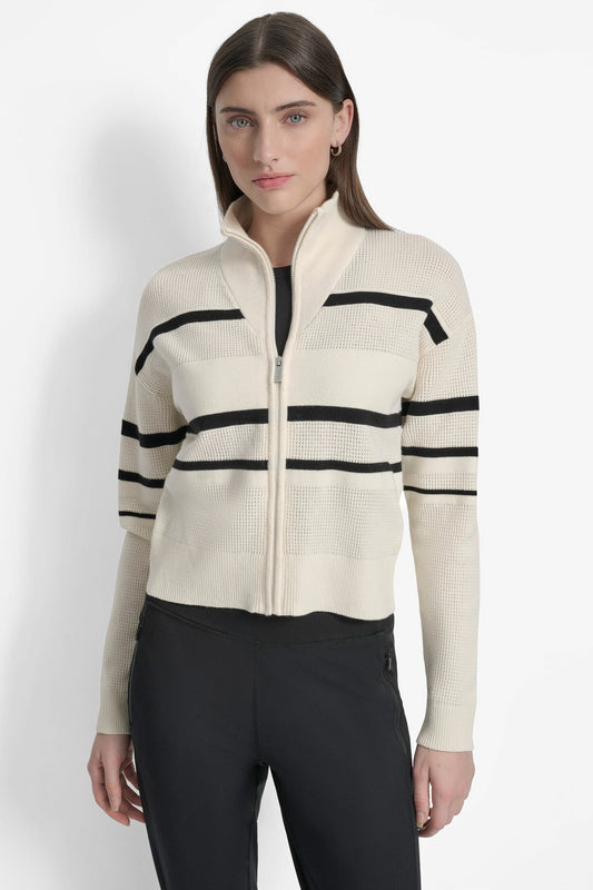 DKNY Long Sleeve Zip Front Cardigan Eggnog/Black (DP5R0756A9Z) Women