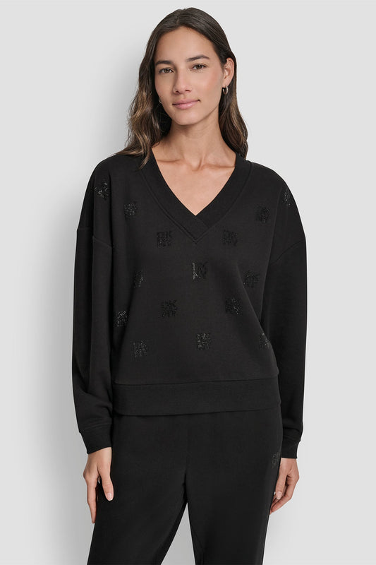 DKNY Allover Logo Deep V-Neck Sweatshirt Black (DP5T1465BBL) Women