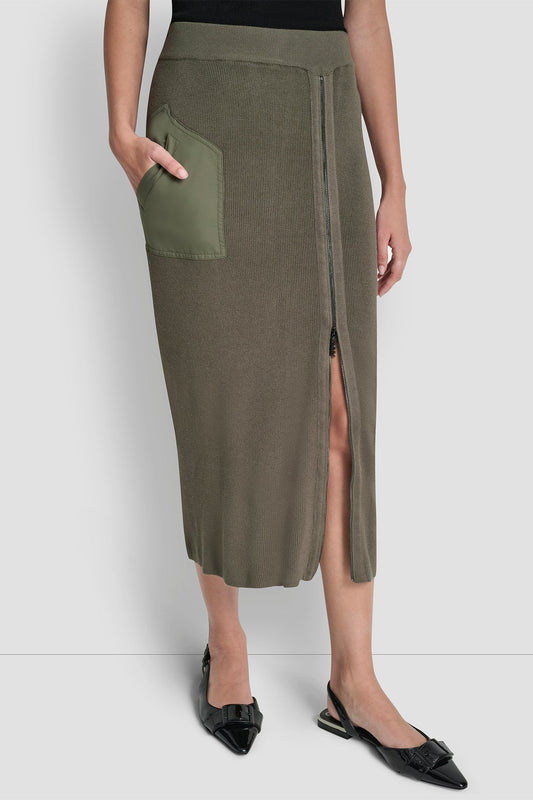 DKNY Midi Sweater Skirt with Zip City Taupe (P44RAU20QJB) Women