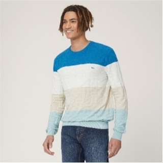 Harmont & Blaine Crew Neck With Coffee Bean Stitch Stripes Hydrangea Blue (HRM681031018841) Men