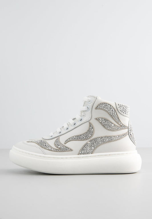 ELIE SAAB LEATHER HIGH TOP SNEAKERS LACE UP WITH STRASS EMBELLISHED Off-White (ZZO2LMX20-A00) Kids